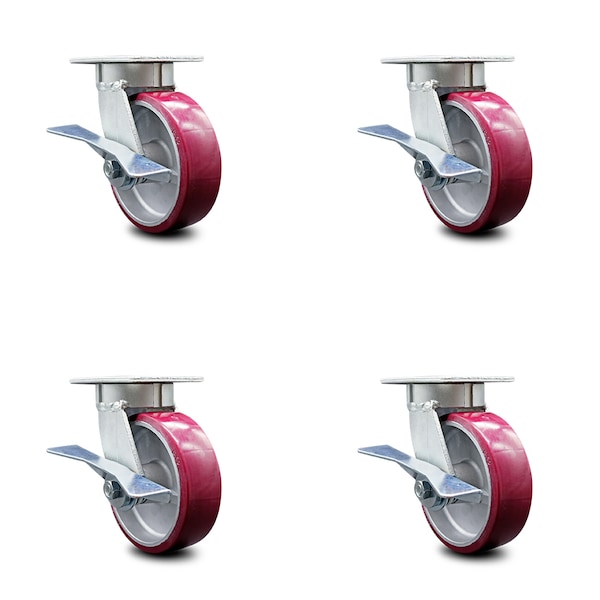 6 Inch Kingpinless Poly on Aluminum Wheel Swivel Caster Set with Brakes SCC
